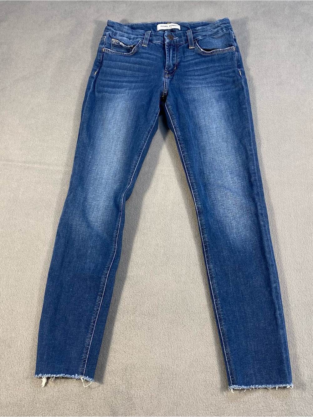 Flying Monkey Women's Dark Blue Mid Rise Skinny Stretch Jeans, raw hem, size 26